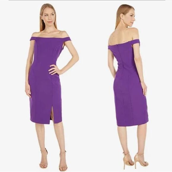 Marina Women Purple Off-The-Shoulder Shift Stretch Midi Cocktail Dress Size 4 - Picture 1 of 5
